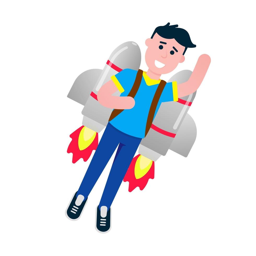 Boy flying with rocket jetpack like a super hero pilot flat style design vector illustration isolated on white background Young male person with flaming jetpack on his back