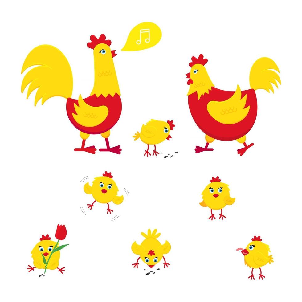 Yellow and red chicken with broken egg nest set of chicks and a rooster vector