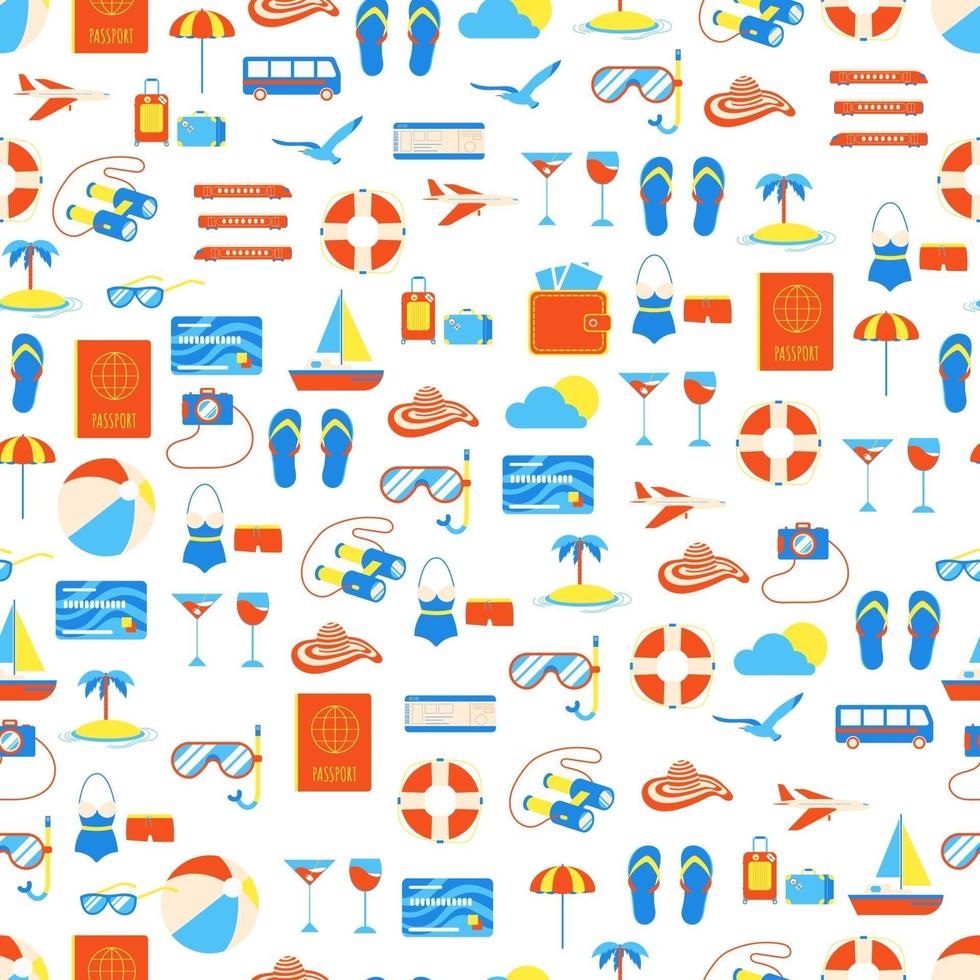 Seamless pattern with travel elements icons signs Time to travel and adventures Holiday vacations summer trip Suitcase airplane hat beach ball passport island compass seagull slippers vector