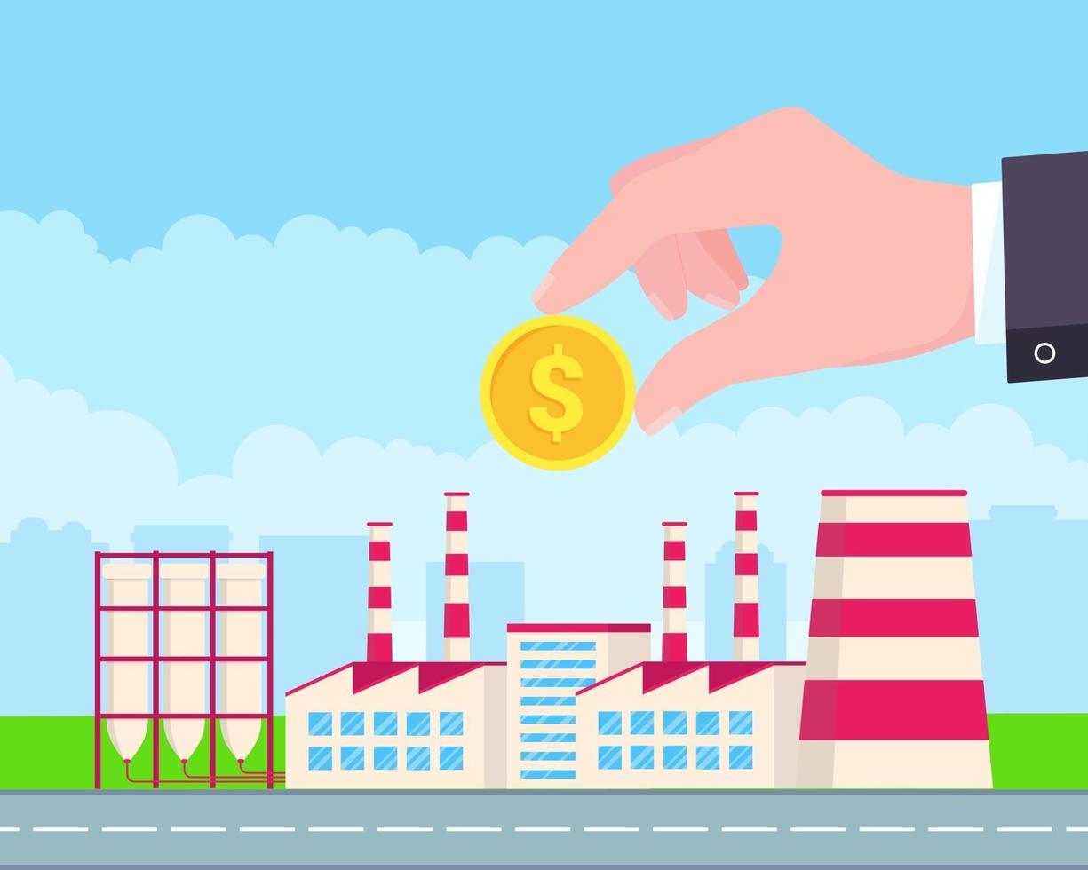 Factory building flat style vector illustration Businessmen invest a money golden coin for factory plant Concept of business investment Green grass and cloudy sky behind scene