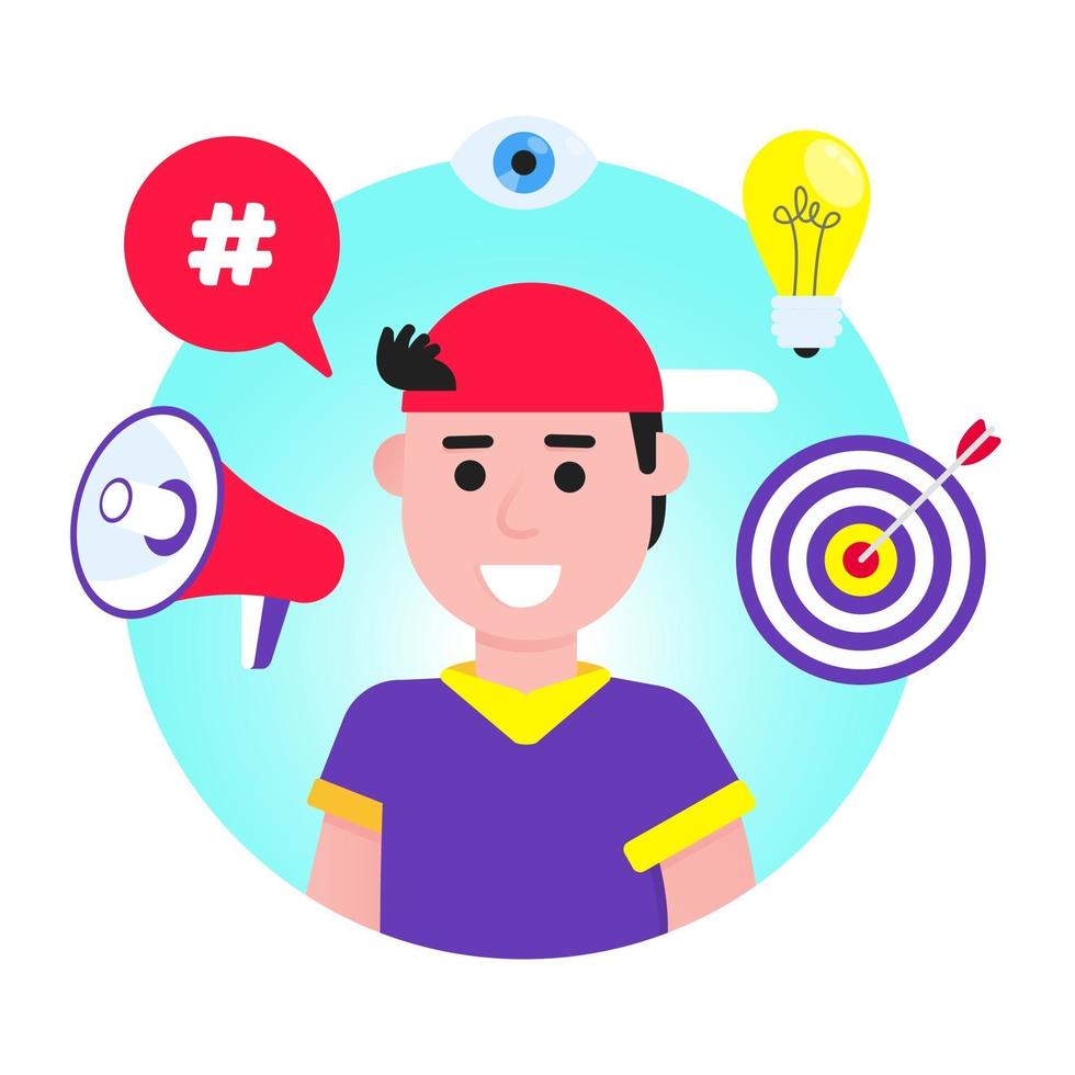 Social media avatar man icon flat style design in the circle isolated on white background arounded with social symbols target speech bubble hashtag megaphone eye lightbulb vector