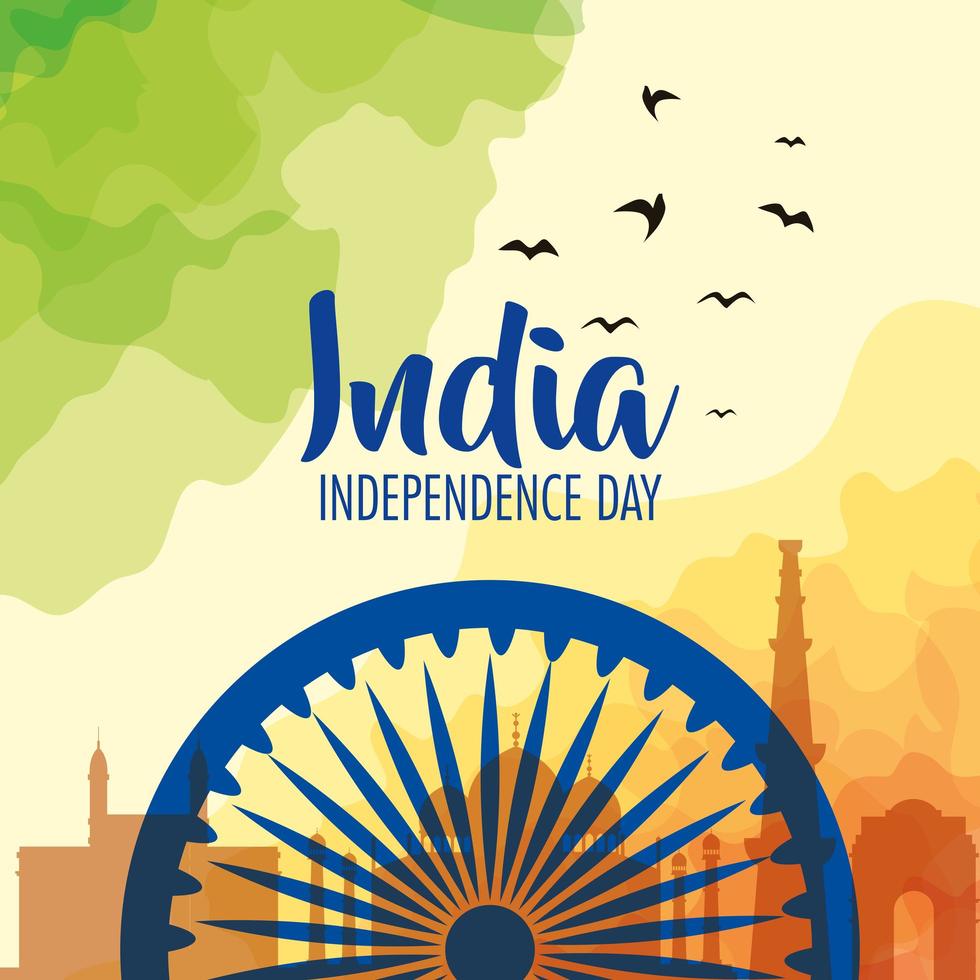 indian independence day celebration with ashoka wheel decoration vector