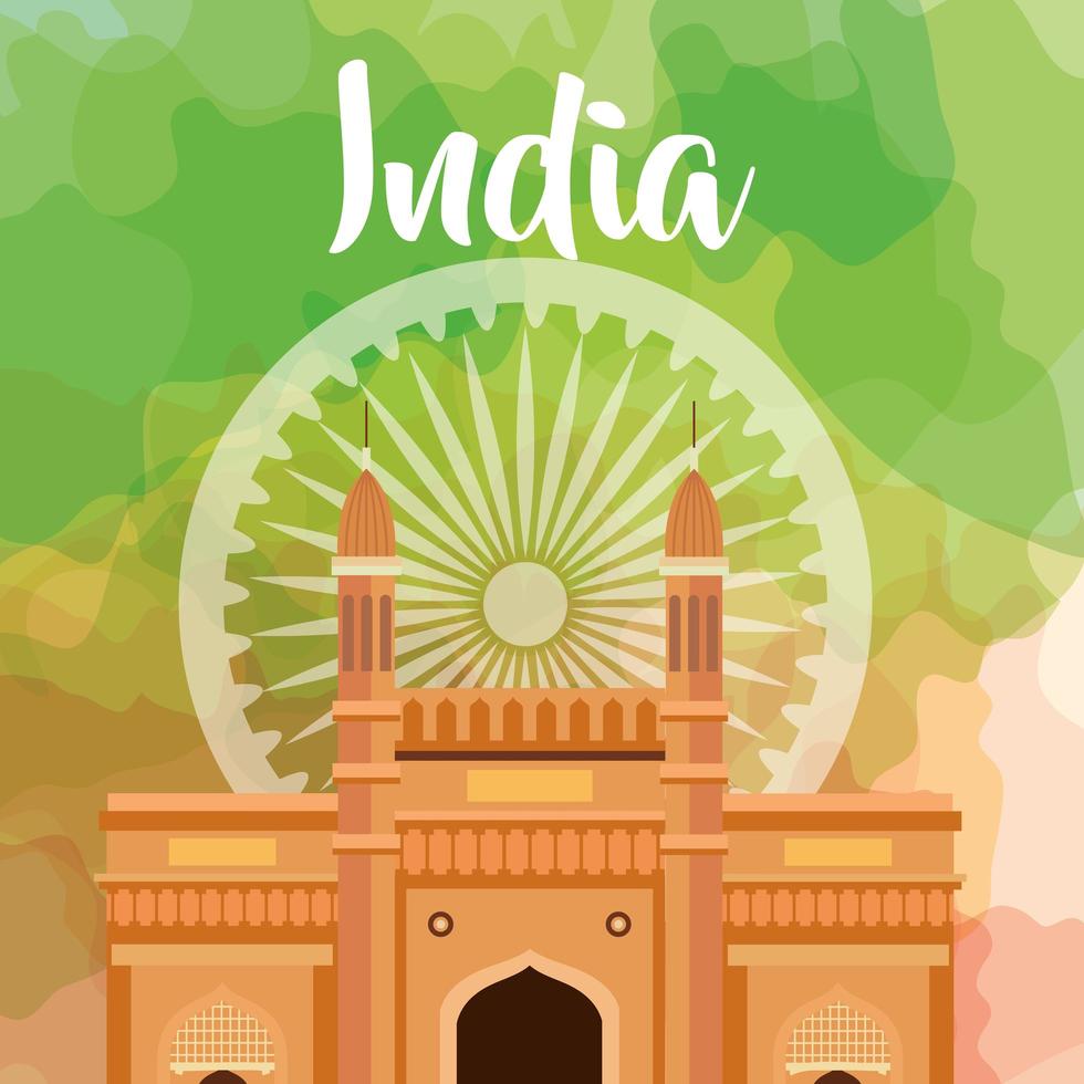 El famoso monumento de la India en el fondo para el feliz día de la independencia con la decoración de la rueda de Ashoka vector