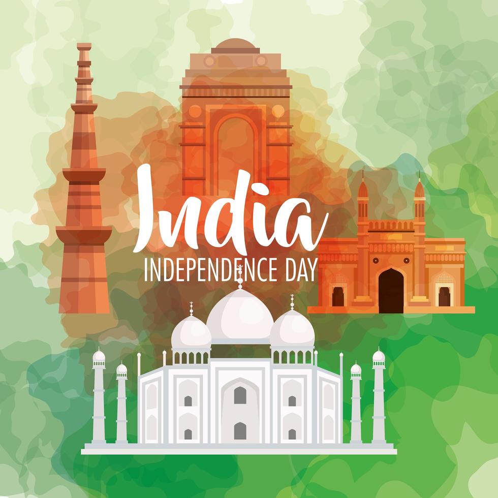 famous monuments of india in background for happy independence day vector