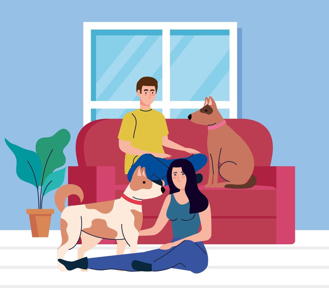 young couple in living room with dogs pet vector