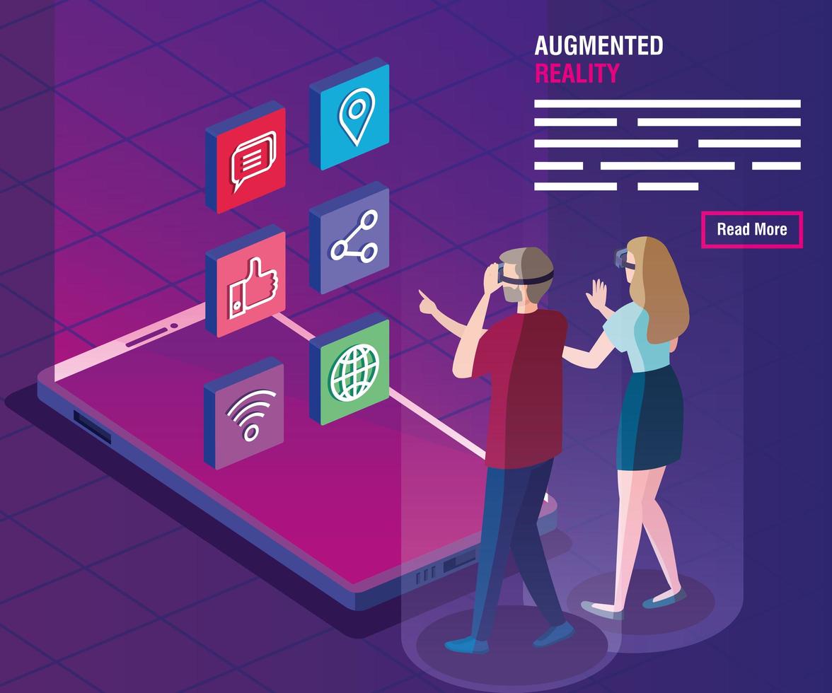 pareja con gafas de realidad aumentada y smartphone vector