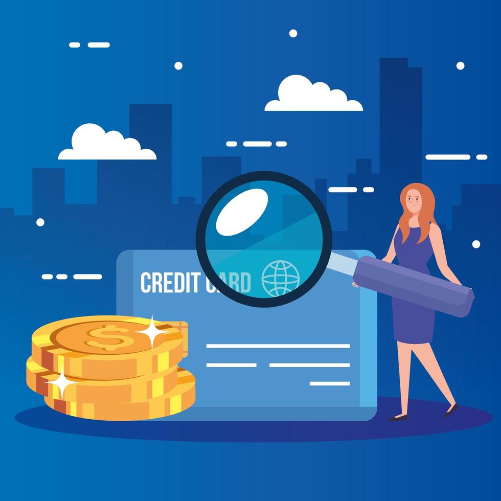woman with magnifying glass and finance icons vector
