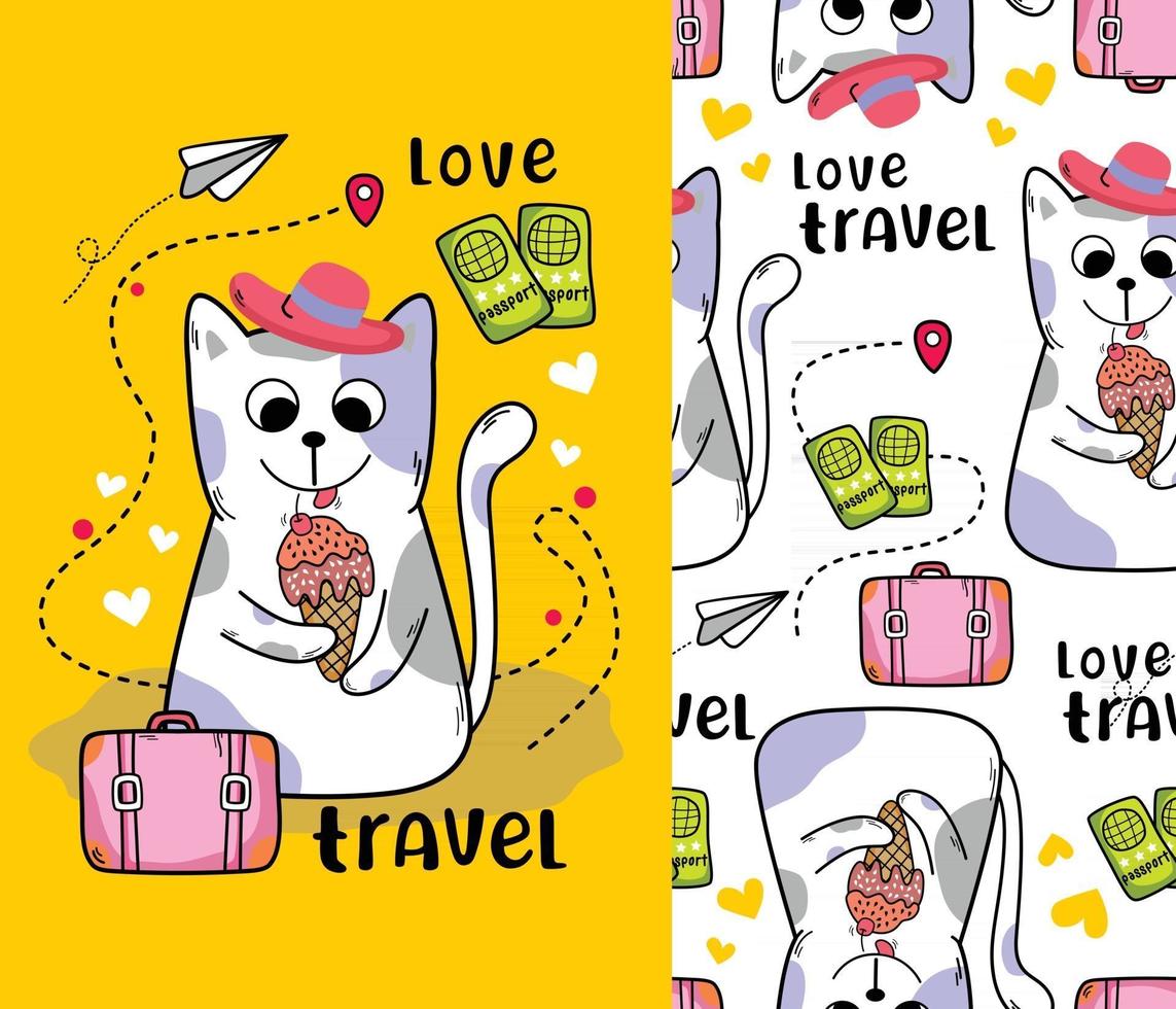 gato en vacaciones divertidos dibujos animados con patrones sin fisuras vector