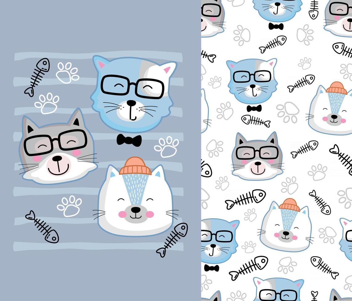 cool cat funny animal cartoon with seamless pattern vector