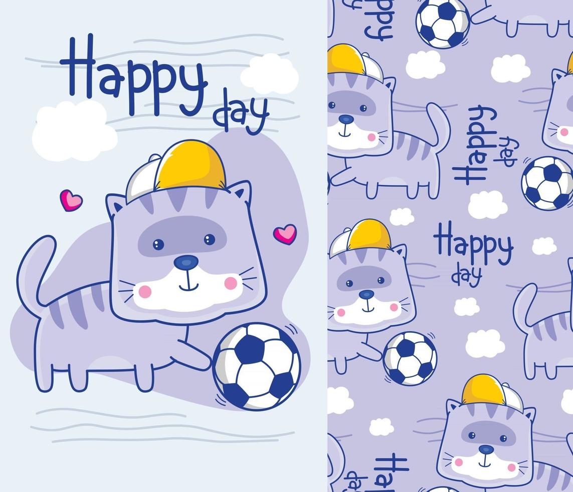 cat playing soccer funny cartoon with seamless pattern vector