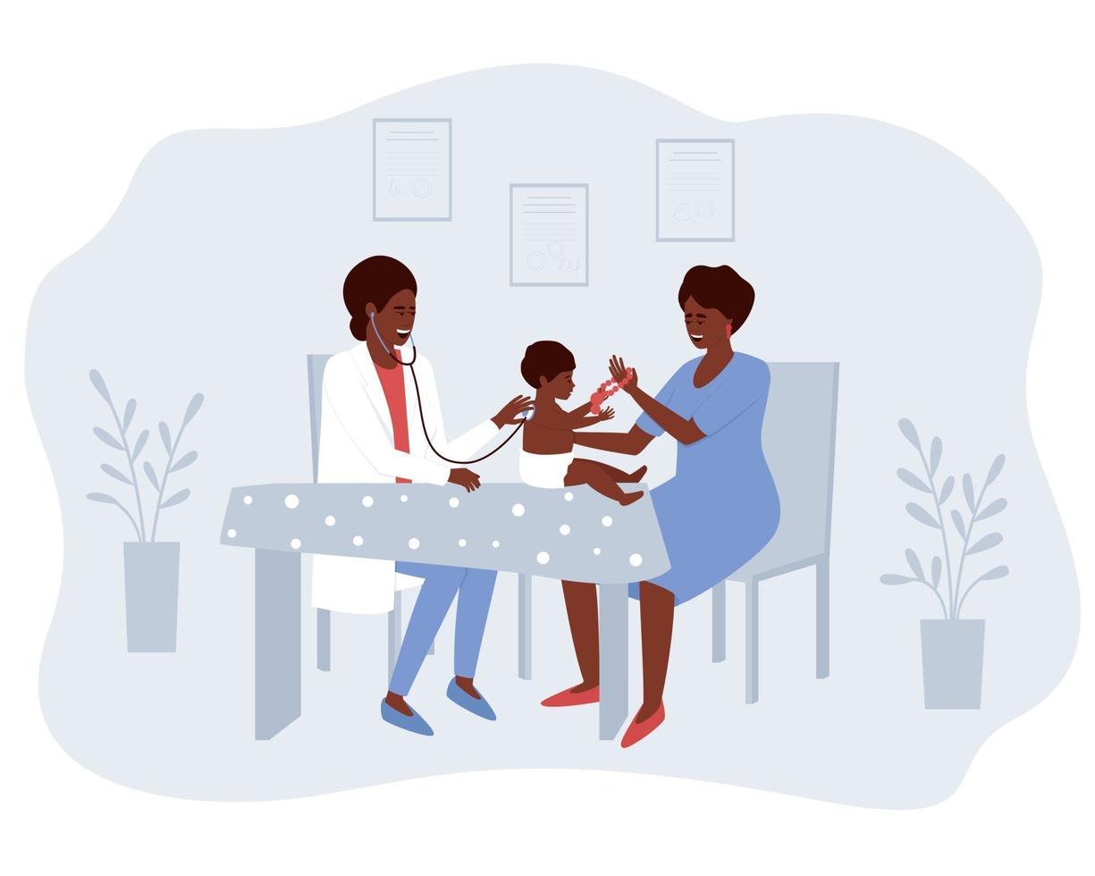 African American mom and baby visit the doctor vector