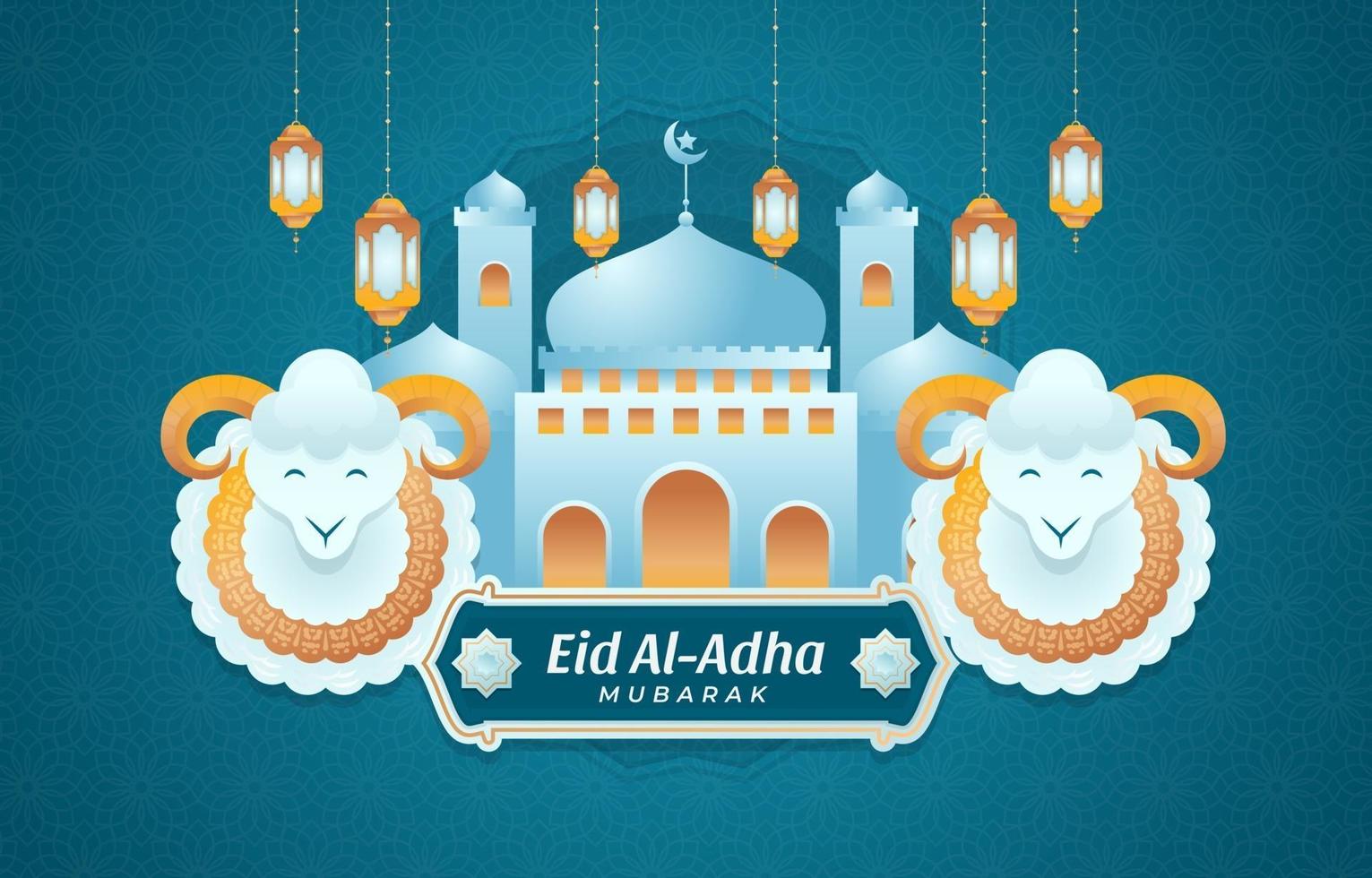 Fondo de eid al adha con mezquita y ovejas. vector