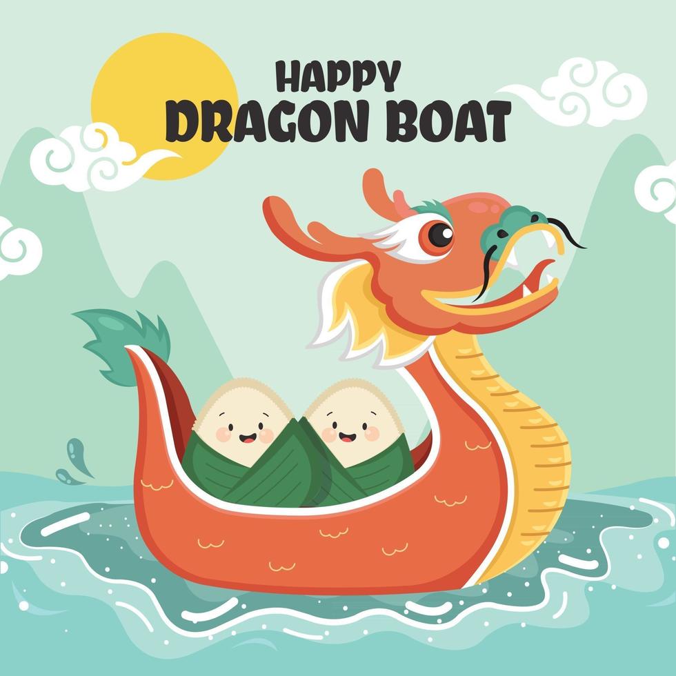 lindas albóndigas de arroz montando barco dragón vector