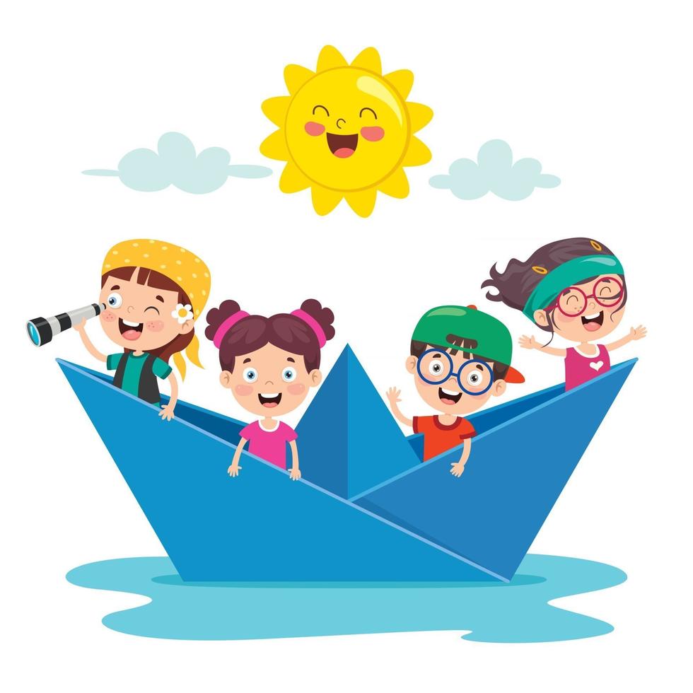 lindos niños pequeños en barco vector