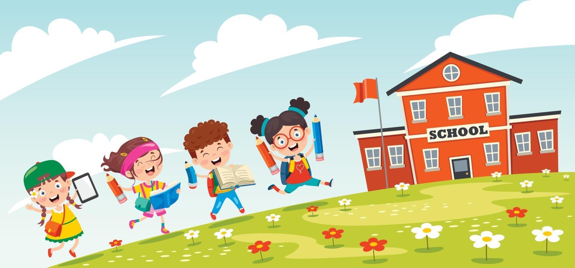 Funny Students and School Building vector