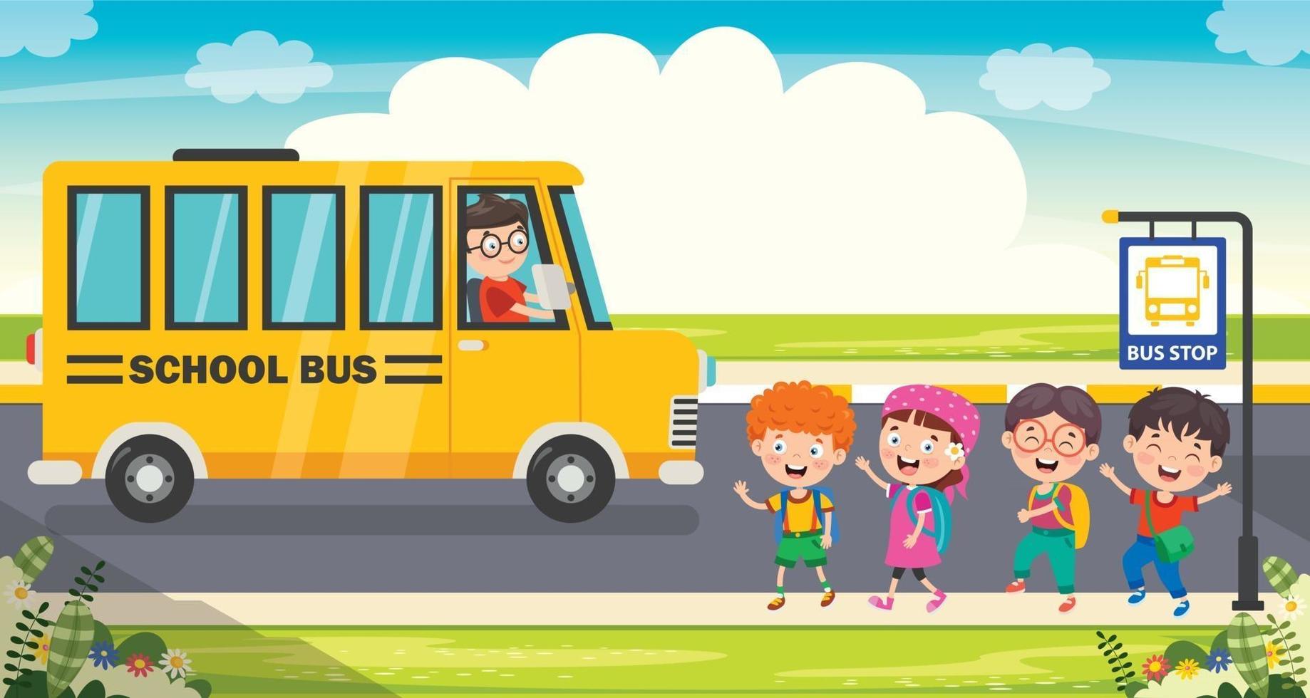 niños felices y autobús escolar vector