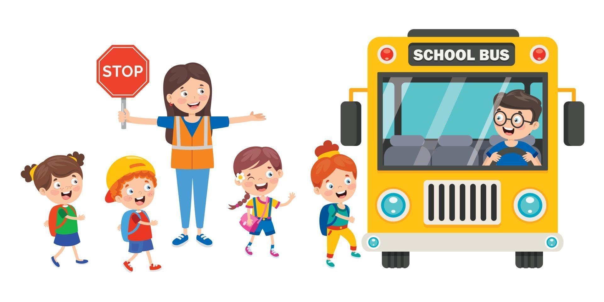 niños felices y autobús escolar vector