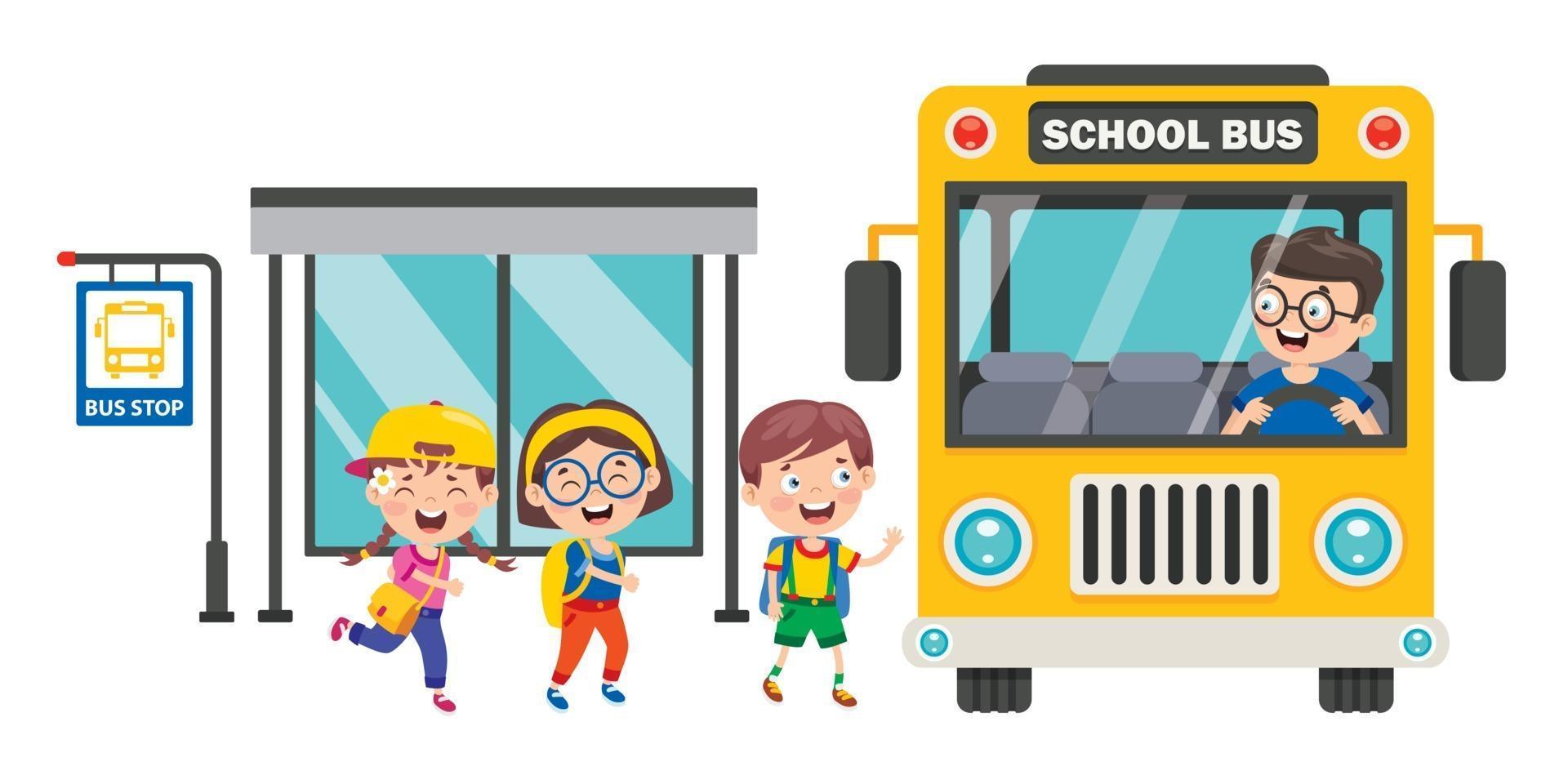 niños felices y autobús escolar vector