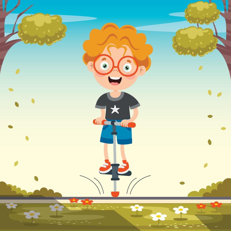 Funny Kid Playing With Pogo Stick vector