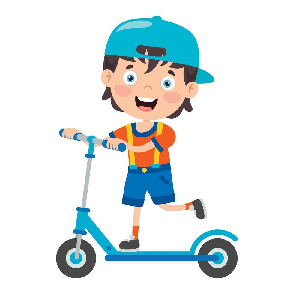 Funny Kid Riding Kick Scooter vector