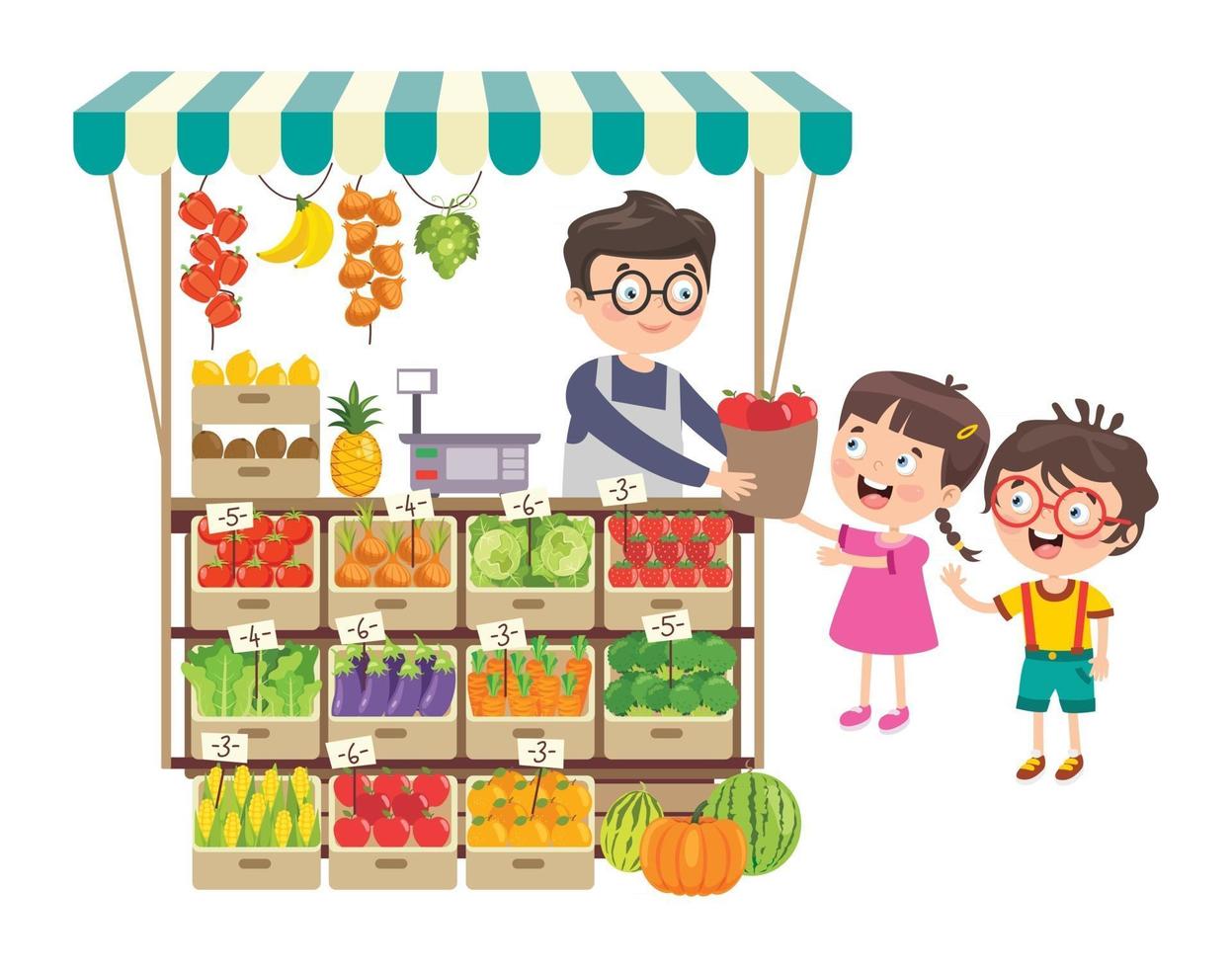 Tienda de comestibles verde con diversas frutas y verduras. vector