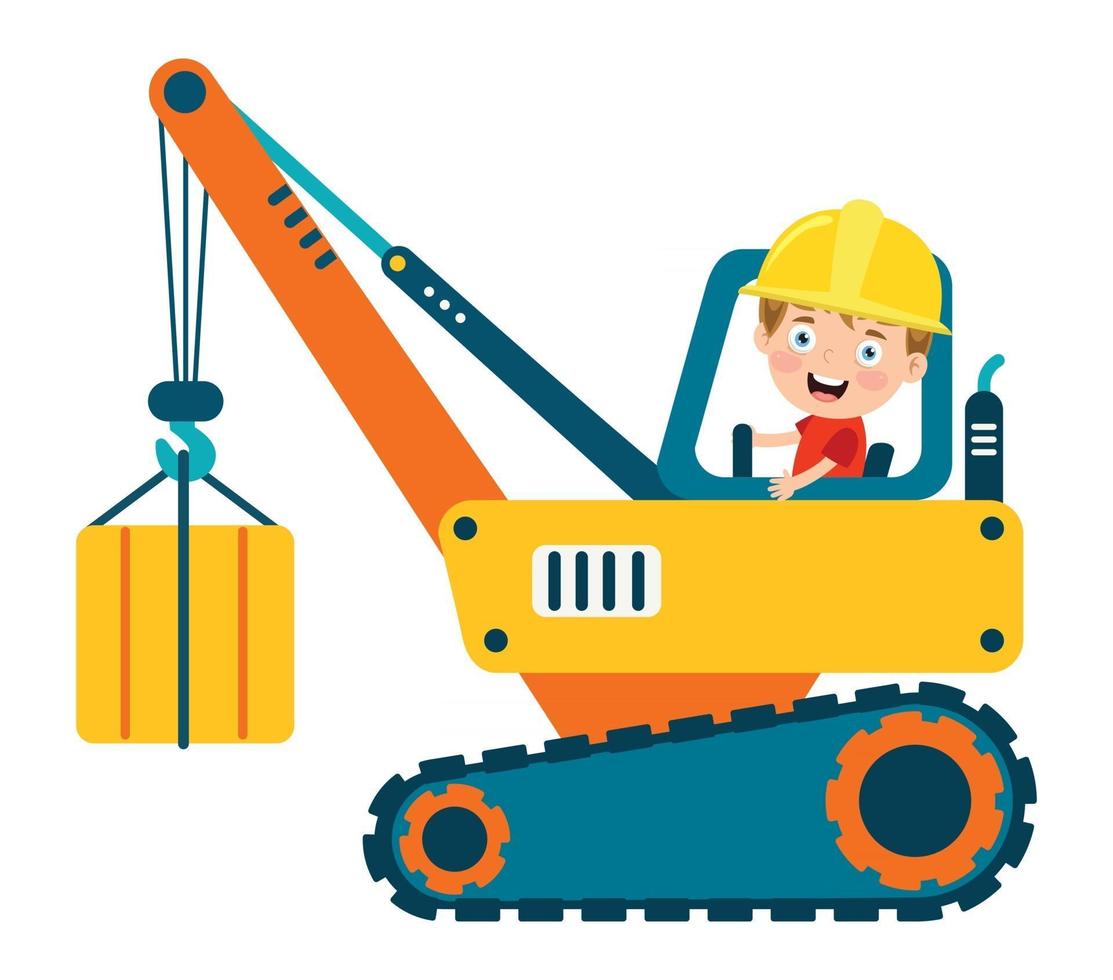 Funny Kid Using Construction Machine vector