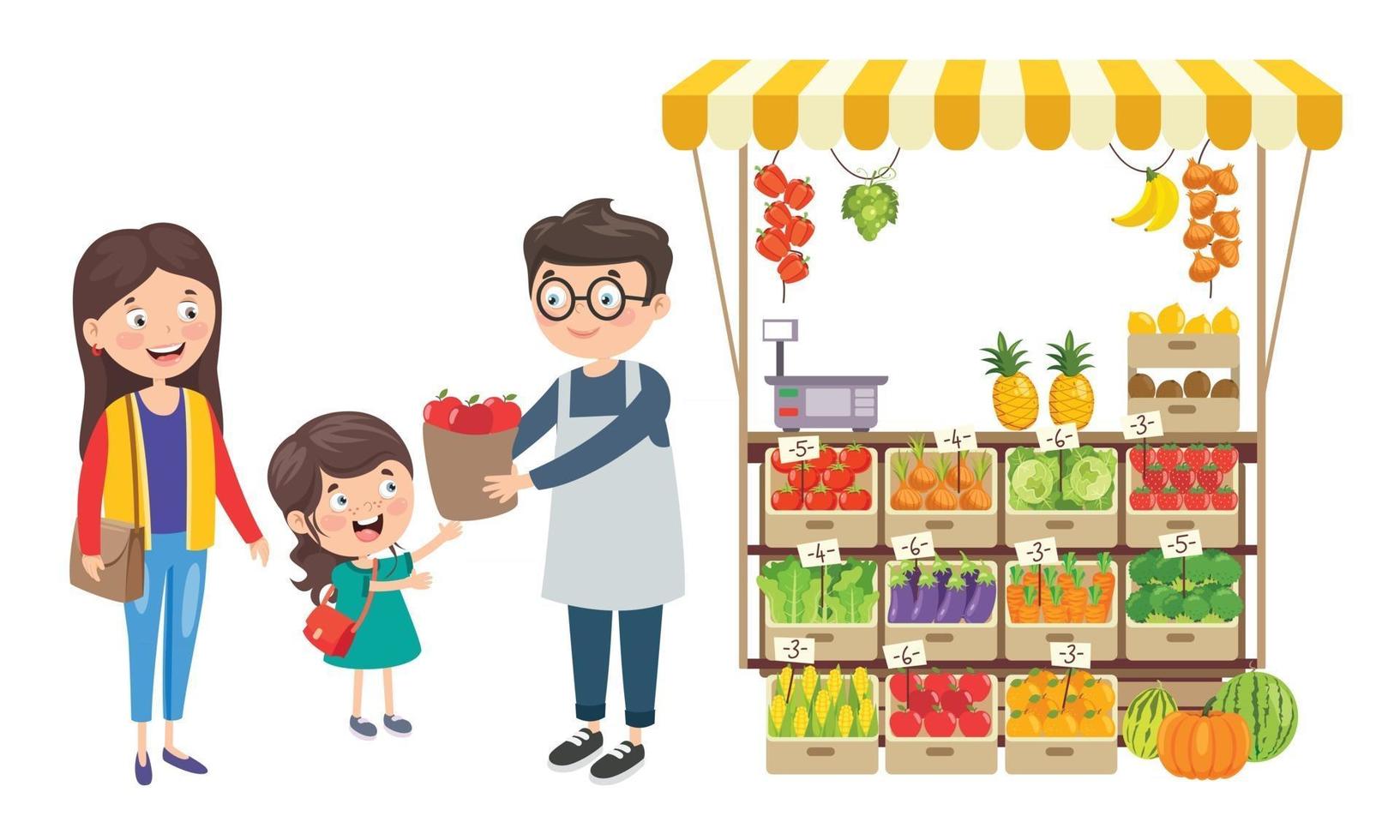 Tienda de comestibles verde con diversas frutas y verduras. vector