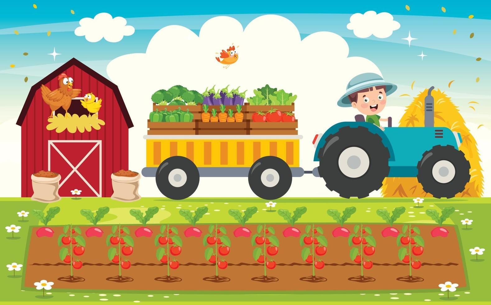 Funny Kid And A Tractor vector