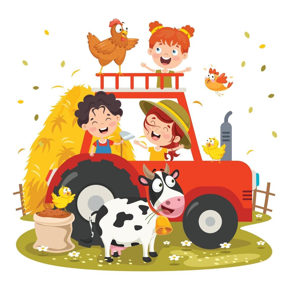 Funny Kid And A Tractor vector