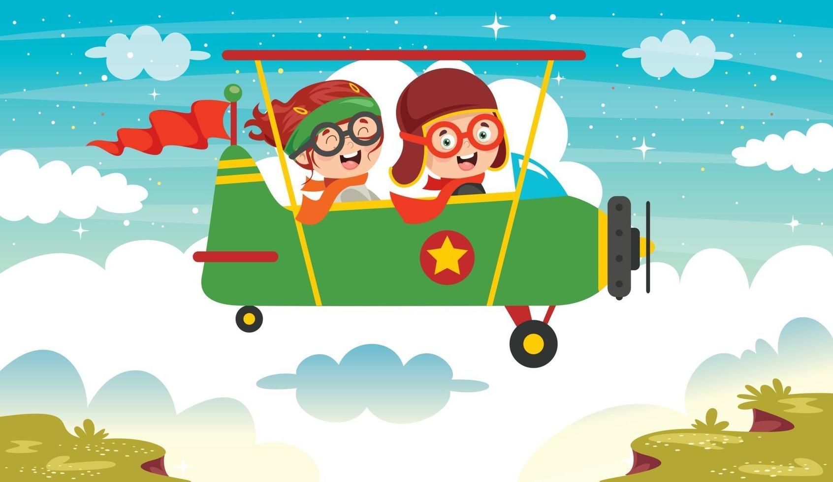 Funny Kids Flying With Airplane vector