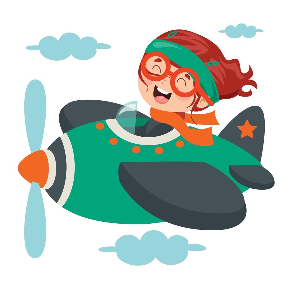 niño feliz volando en avión vector