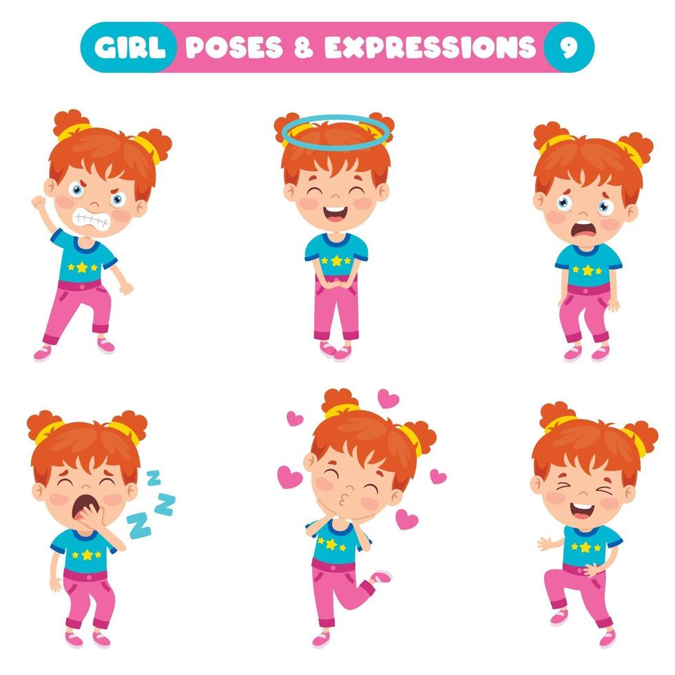 poses y expresiones de una chica divertida. vector