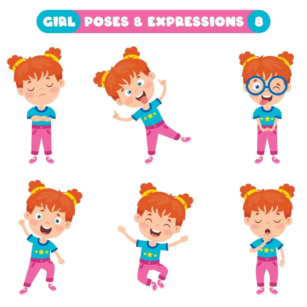 poses y expresiones de una chica divertida. vector