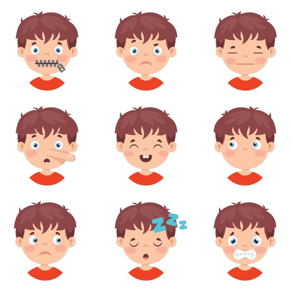 conjunto de diferentes expresiones de los niños. vector