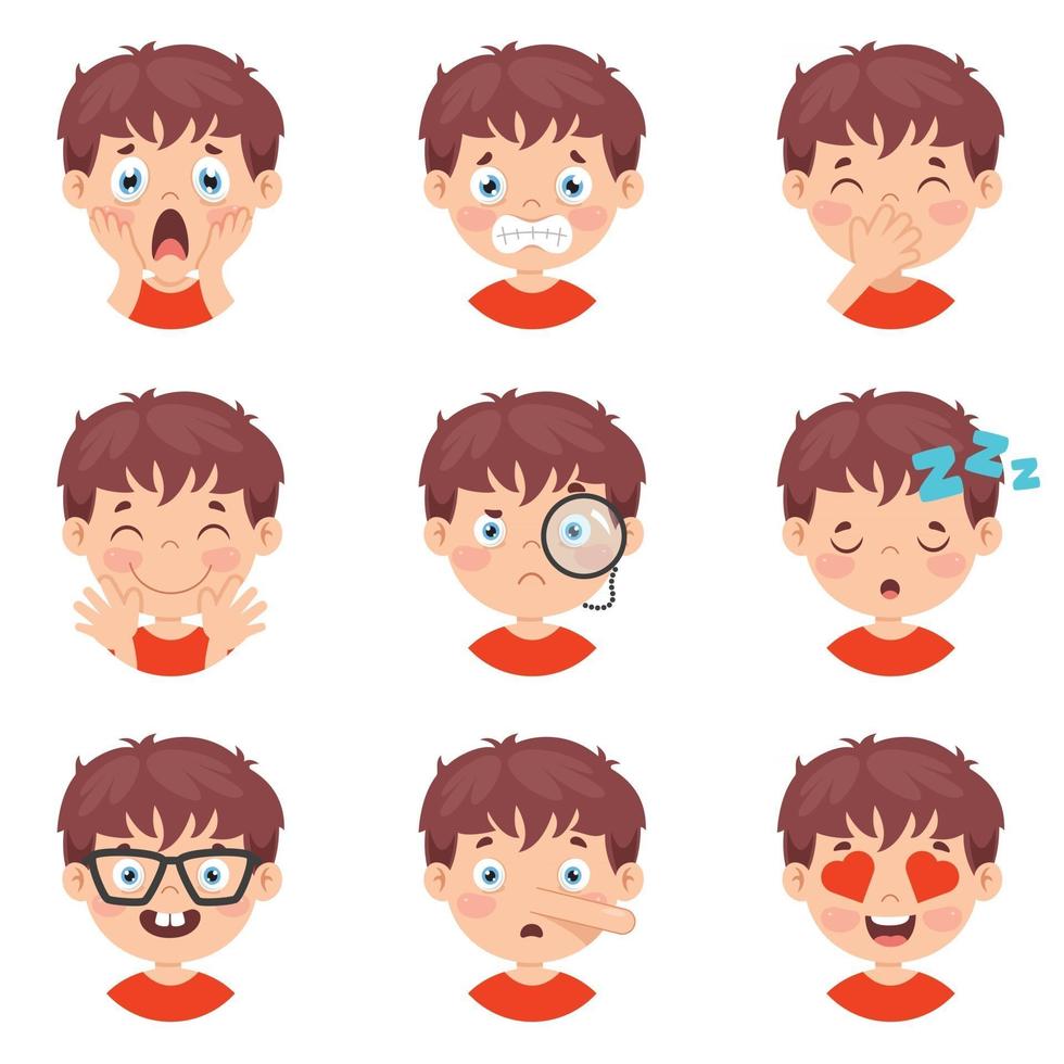 conjunto de diferentes expresiones de los niños. vector