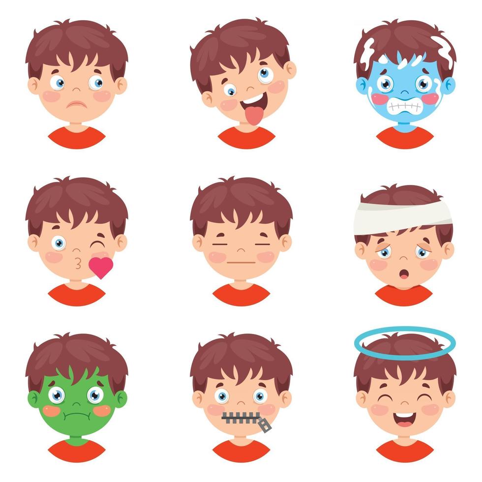 conjunto de diferentes expresiones de los niños. vector