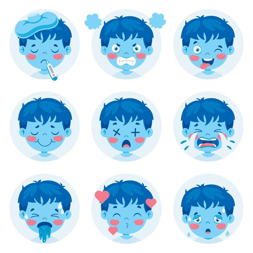 conjunto de diferentes expresiones de los niños. vector