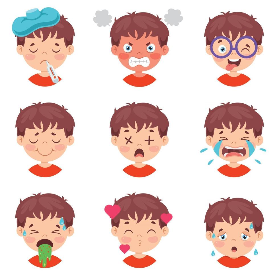 conjunto de diferentes expresiones de los niños. vector
