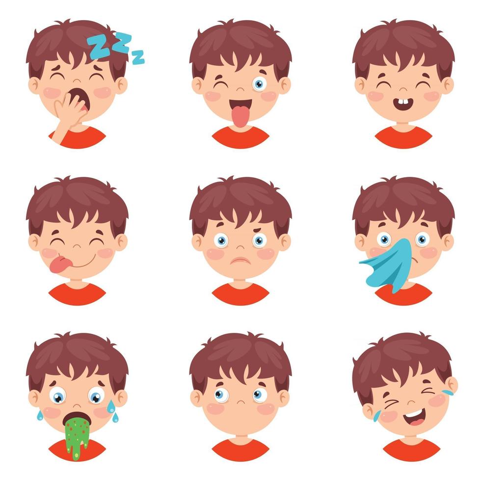 conjunto de diferentes expresiones de los niños. vector