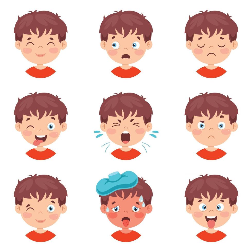 conjunto de diferentes expresiones de los niños. vector