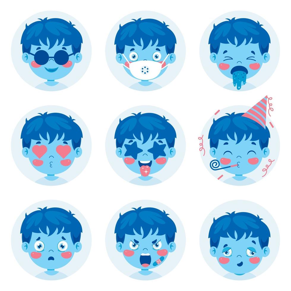 conjunto de diferentes expresiones de los niños. vector