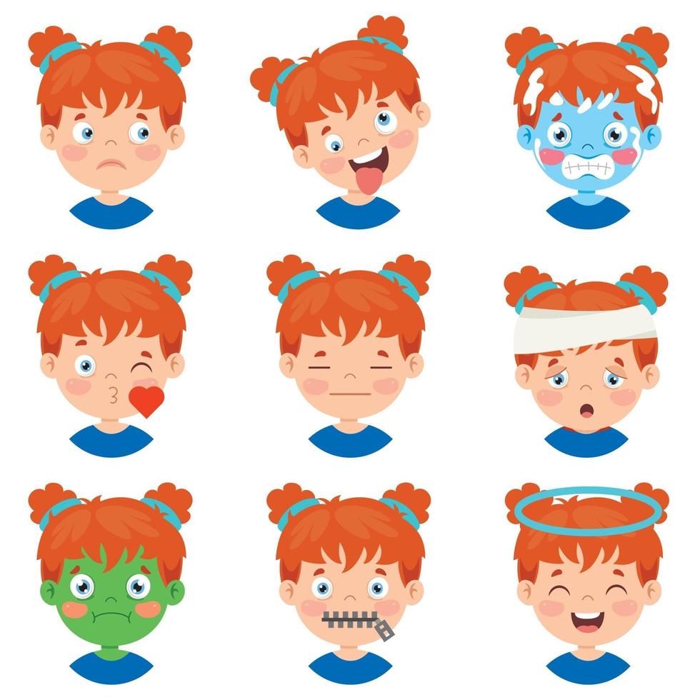 conjunto de diferentes expresiones de los niños. vector