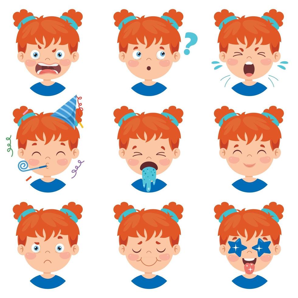 conjunto de diferentes expresiones de los niños. vector