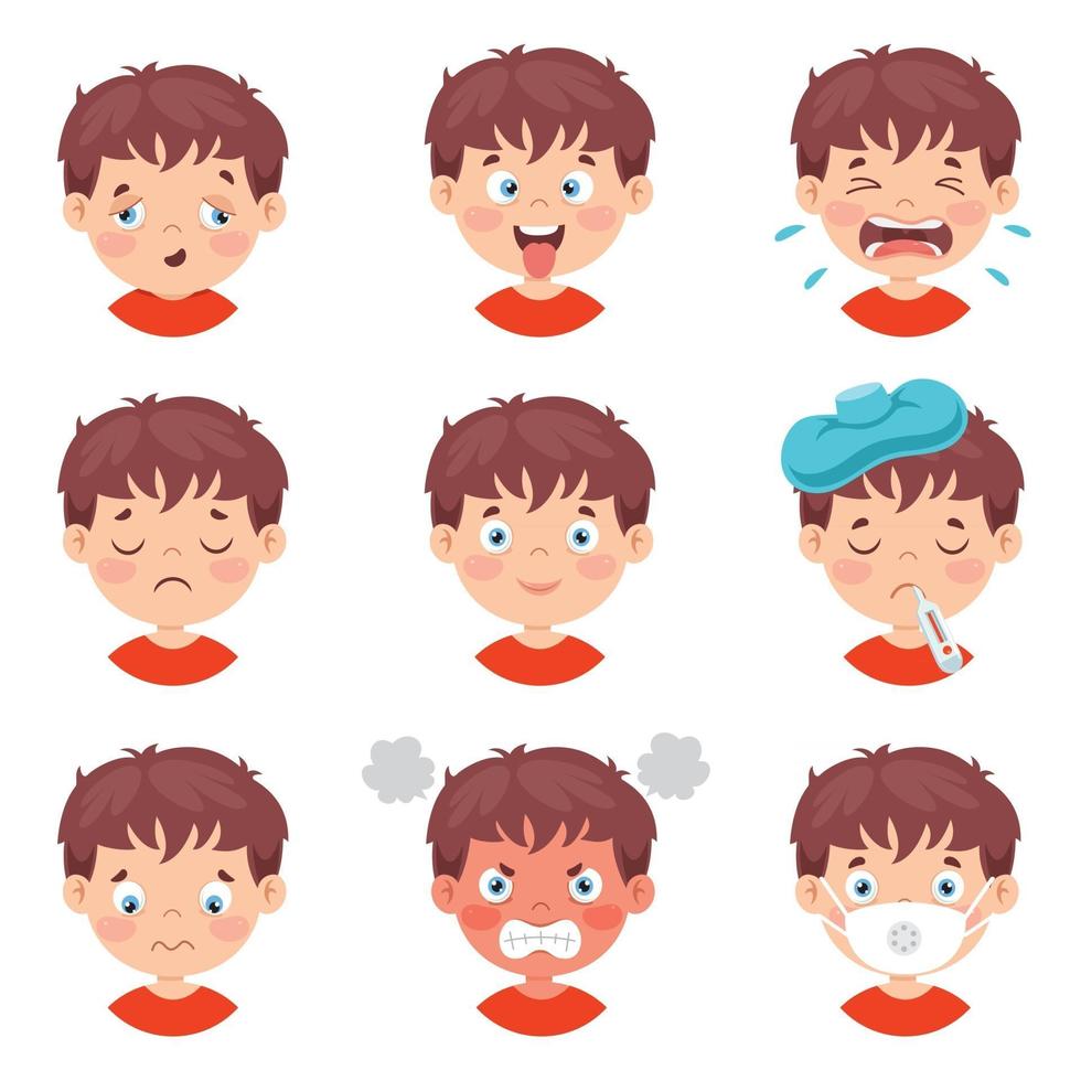 conjunto de diferentes expresiones de los niños. vector