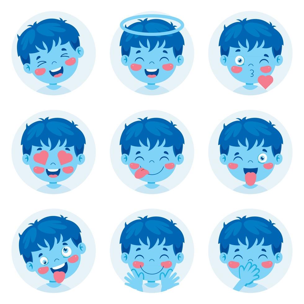 conjunto de diferentes expresiones de los niños. vector