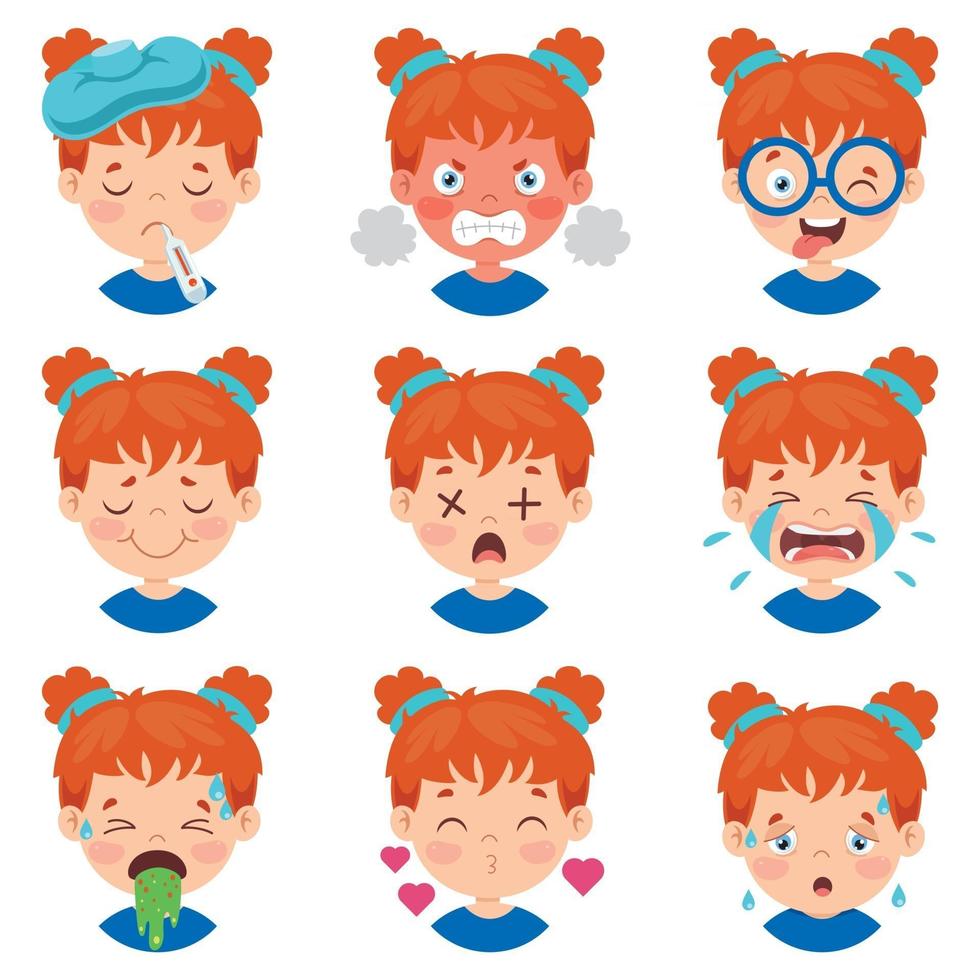 conjunto de diferentes expresiones de los niños. vector