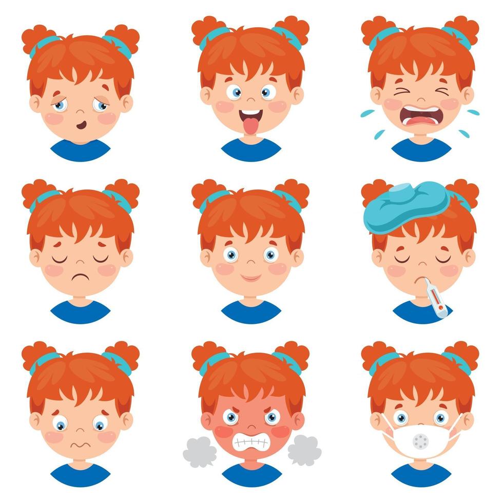 conjunto de diferentes expresiones de los niños. vector