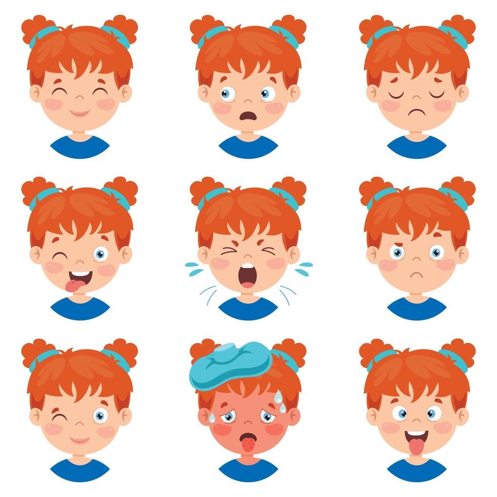 conjunto de diferentes expresiones de los niños. vector