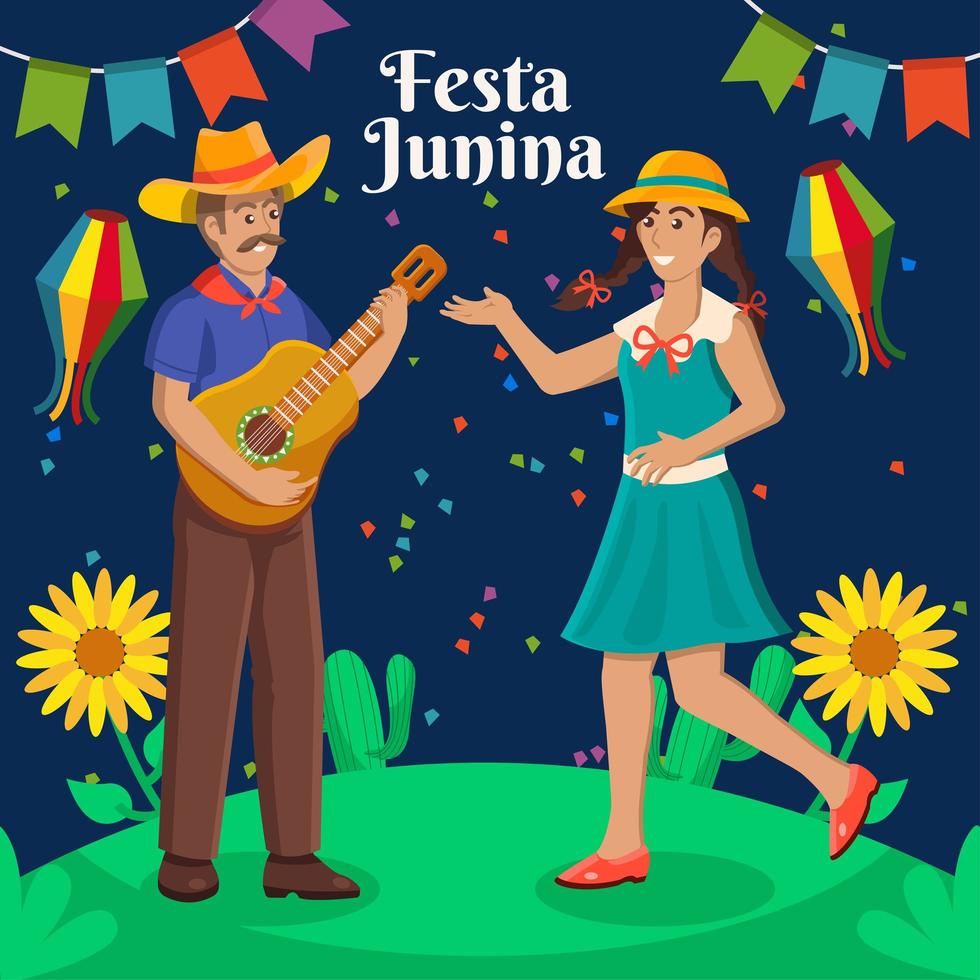 pareja bailando y cantando en festa junina vector