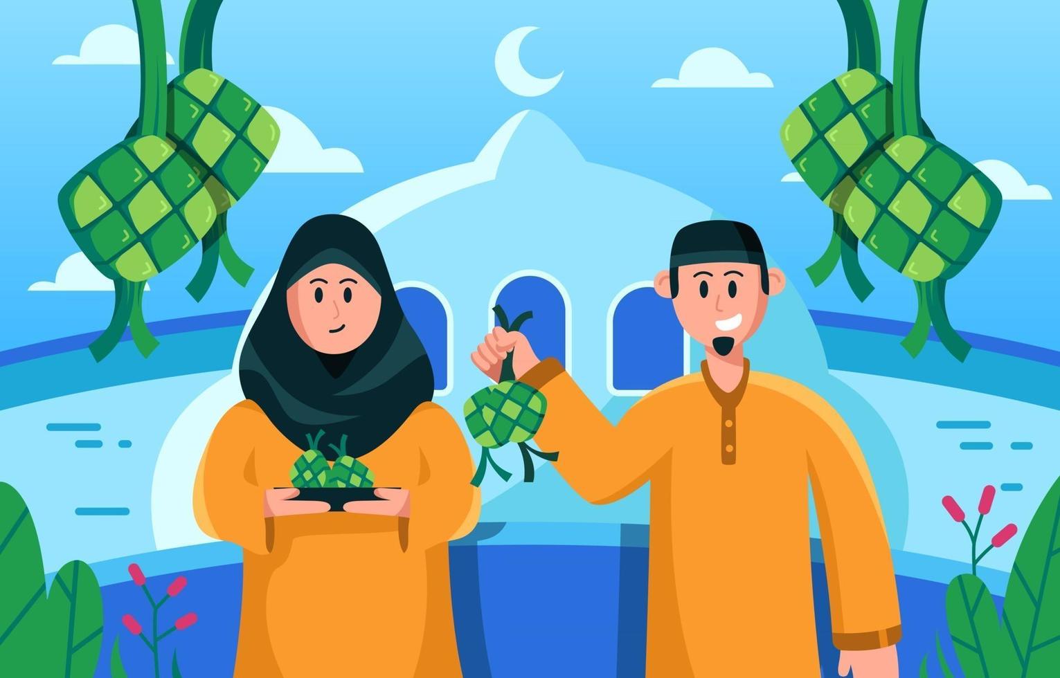 celebrando eid al fitr con ketupat vector